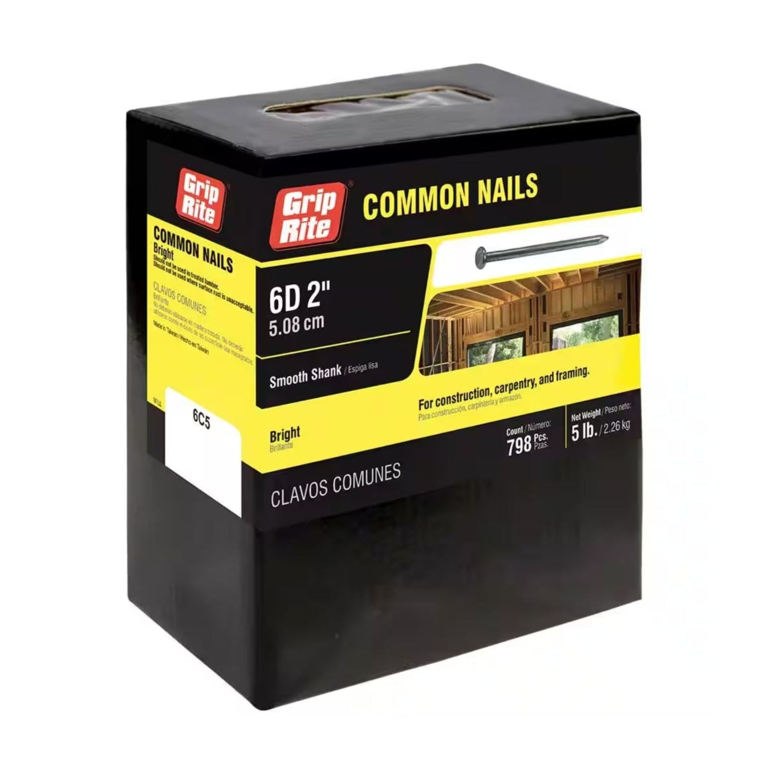 The black and yellow GRIP-RITE box contains 798 #11-1/2 x 2 in. 6D Bright Common Nails (5 lb.) ideal for construction. Perfect for carpentry, these Grip-Rite framing nails feature a smooth shank design suitable for framing projects.